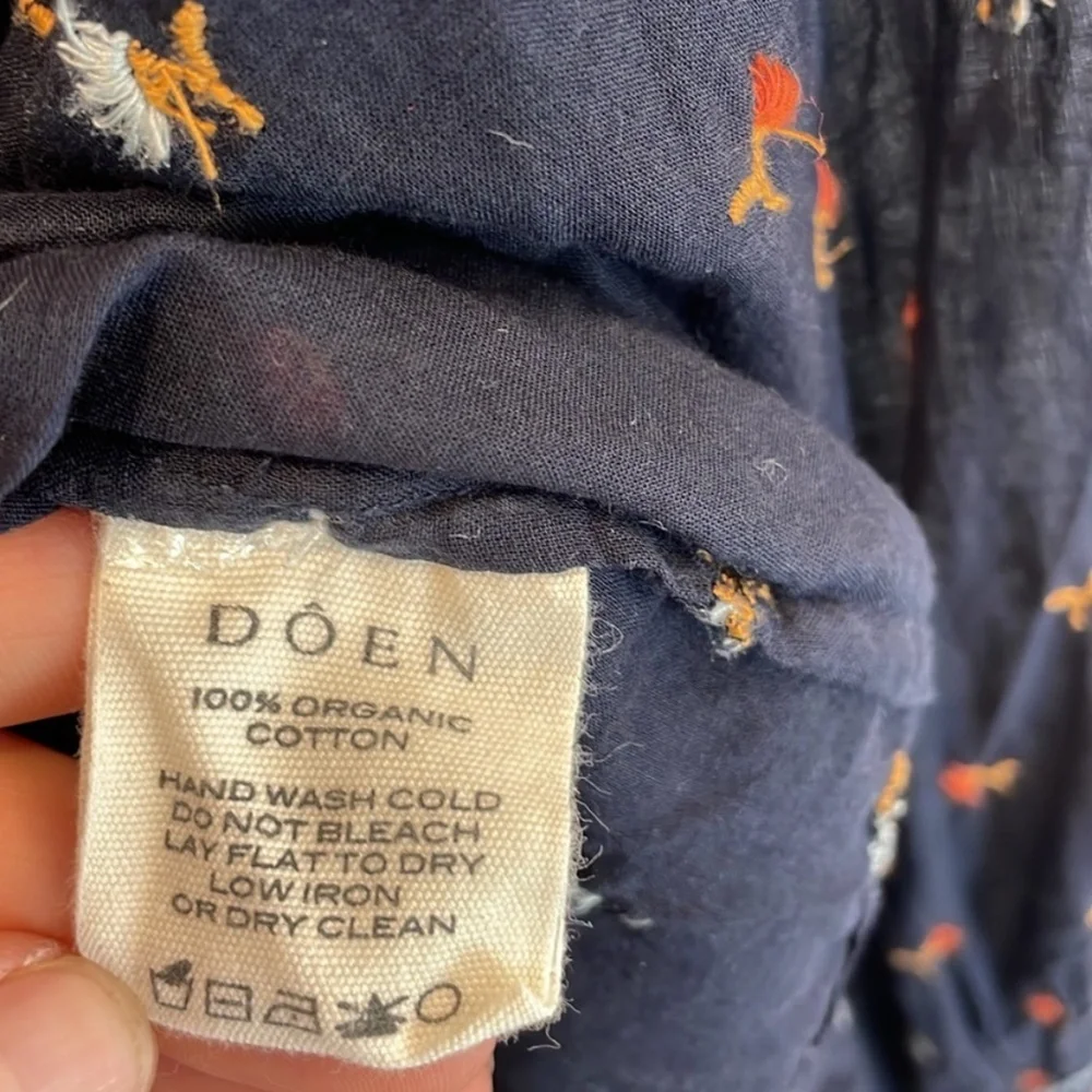 Doen Navy Peasant Blouse with Gold and Cream Embroidery